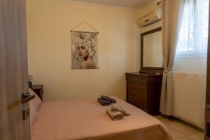a bedroom with a bed with a dresser and a mirror at Lanari Valley House in Thermi