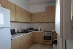 a kitchen with white appliances and wooden cabinets at Lanari Valley House in Thermi
