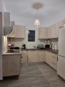a kitchen with wooden cabinets and a white refrigerator at Mentis Home in Artemida