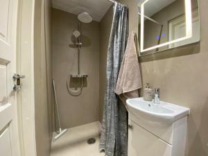 a small bathroom with a sink and a shower at Hoovimaja in Pärnu +10 photos