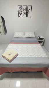 a bed sitting in a room with two pillows on it at Quarto Casal Com AR Condicionado e Banheiro Privativo in Guaíra