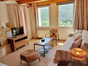 a living room with a couch and a tv at Rastoni Apartments in Andros