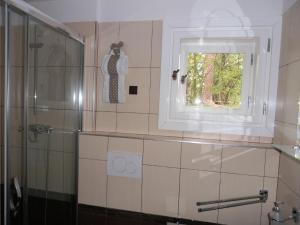 a bathroom with a shower and a window at Chata Monika in Hrubá Skála