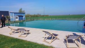 a couple of chairs sitting next to a swimming pool at Tiny House Boddenblick in Groß Kordshagen
