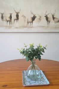 a vase with a bunch of deer heads on a table at Appartamento CHAN in Cama
