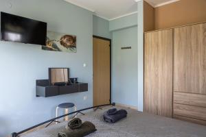 a bedroom with a bed and a tv on the wall at Lanari Valley House 2 in Thermi
