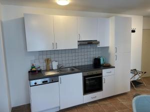 a kitchen with white cabinets and a sink at Innside - Terrace and Mountain Views in Innsbruck +12 photos