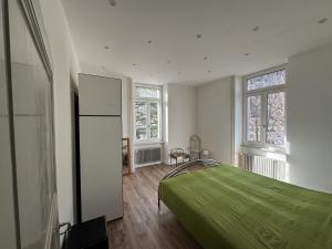 a bedroom with a green bed and two windows at Apartment in Historic Villa in Faido