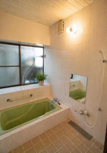 a bathroom with a green tub and a mirror at 宇佐神宮近く- 神さまと仏さまと kamisama to hotokesama to in Nagasu +32 photos