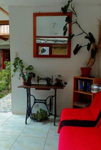 a room with a table with plants and a mirror at Luisa in Ollantaytambo