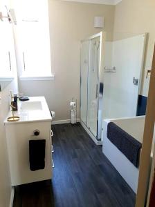 a small bathroom with a sink and a shower at Cosy On Till in Oamaru