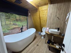 a bathroom with a large tub and a sink at Alpine Cabins Gjinar in Gjinar +4 photos