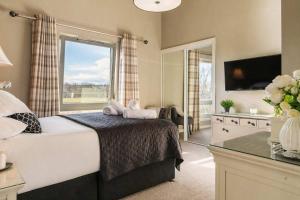 a bedroom with a large bed and a large window at Stirling Riverview Apartment - Free Parking in Stirling