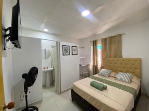 a bedroom with a bed and a television in it at La Casa Hostal Vijes in Vijes