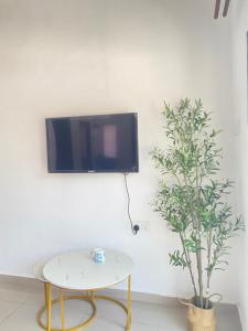 a tv on a wall with a table and a plant at Singgah Salam Stay in Parit Raja