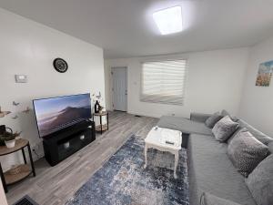 a living room with a gray couch and a flat screen tv at Completely renovated for you Mountain View Cottage in Charleston