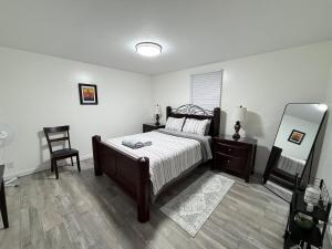 a bedroom with a bed and a chair and a mirror at Completely renovated for you Mountain View Cottage in Charleston +84 photos