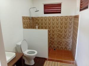 a bathroom with a toilet and a sink and a shower at Heiva - Fare Orotia in Tiano +34 photos