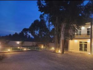 a tree in front of a building at night at Ni HOME & RELAX in Ruhengeri