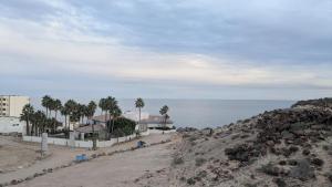 a view of a beach with palm trees and the ocean at Whale Hill Escape - Beach Views and Walk to Mannys in Puerto Peñasco