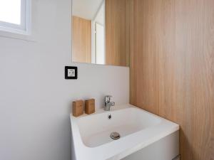 a bathroom with a white sink and a mirror at Cozy Caravan in Berlare for 6 people in Berlare +33 photos