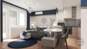 a kitchen and a living room with a table and chairs at Monarchia Apartman Sunny in Mosonmagyaróvár