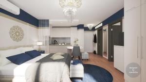 a bedroom with a large bed and a kitchen at Monarchia Apartman Sunny in Mosonmagyaróvár
