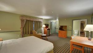 a hotel room with a bed and a desk and a television at Colonial Motel in Brattleboro