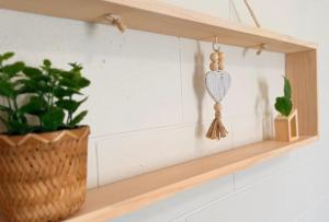 a shelf with a potted plant and a wooden bookmark at Another 'Your Place on Davidson!' in Mount Isa