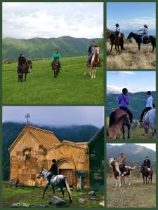 a collage of photos of people riding horses and a church at Guest house VL in Alaverdi