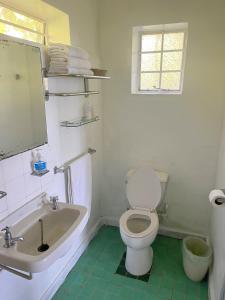 a white bathroom with a toilet and a sink at Bungles Ungalow in Castries