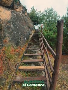 a wooden staircase leading up to a mountain at Glamping Centauro in Tota +4 photos