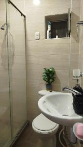a bathroom with a toilet and a sink and a shower at Maxi&Mia Cabañas in Coveñitas +6 photos