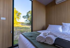 a bedroom with a large bed with a large window at Auburn Vale Cottage by Tiny Away in Quirindi