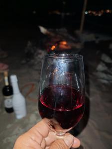 a person holding a glass of red wine at Glampings Boreal in Mompiche