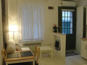 - un salon avec un canapé, une table et une fenêtre dans l'établissement Studio apartment - Green door, à Zagreb