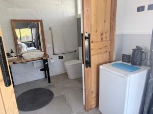 a small bathroom with a sink and a toilet and a sink at Guesthouse on Ostler in Twizel +23 photos
