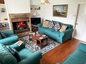 a living room with blue couches and a fireplace at Two Towers Cottage in Montacute