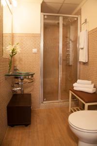 a bathroom with a shower and a toilet and a sink at Las Casas del Potro in Córdoba