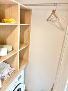 a closet with wooden shelves and a washer and dryer at Le Tiny Studio in Saint-Denis