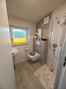 a bathroom with a toilet and a sink and a window at Ferienapartment MIA in Fritzlar +25 photos