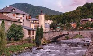 a bridge over a river in a town with buildings at Le Chalet - Appartement 5 personnes avec parking in Savignac-les-Ormeaux