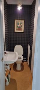 ein Badezimmer mit weißer Toilette und Waschbecken in der Unterkunft Station 14 in Arvidsjaur