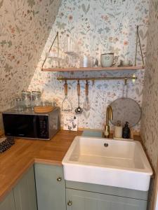 a kitchen with a sink and a microwave at Patak Kuckó cabin ház in Szőce