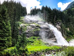 a waterfall in the middle of a forest at Anja's Schönblick - Bed & Breakfast in Gerlos