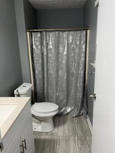 a bathroom with a toilet and a shower curtain at Sweet Spot Stone Mountain in Stone Mountain