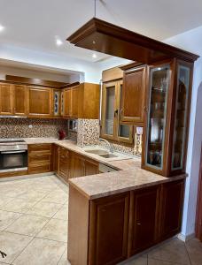 a large kitchen with wooden cabinets and a sink at Lemon Zest in Nea Peramos