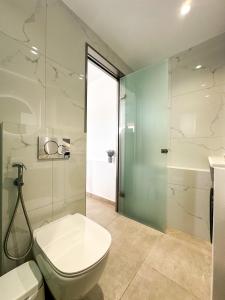a bathroom with a toilet and a shower at Vigla's Tiny House - Steps to the Beach in Mikri Vigla