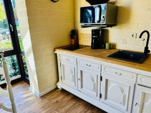 a kitchen with a counter top with a microwave at Castles Corner Bad Fallingbostel in Bad Fallingbostel +9 photos
