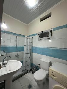 a bathroom with a white toilet and a sink at Mountain House Përmet  +10 photos